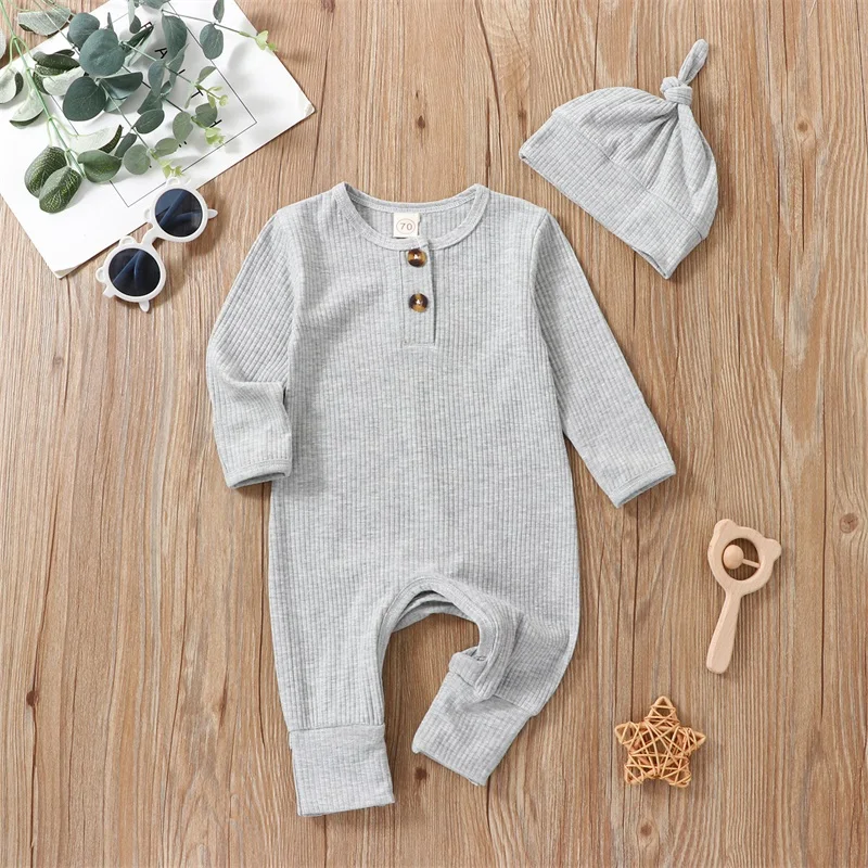 

New Baby Boy Casual Jumpsuit Set Solid Color Ribbed Long Sleeve Romper And Beanie Hat For Infant Toddler 0-18 Months Hot Sale