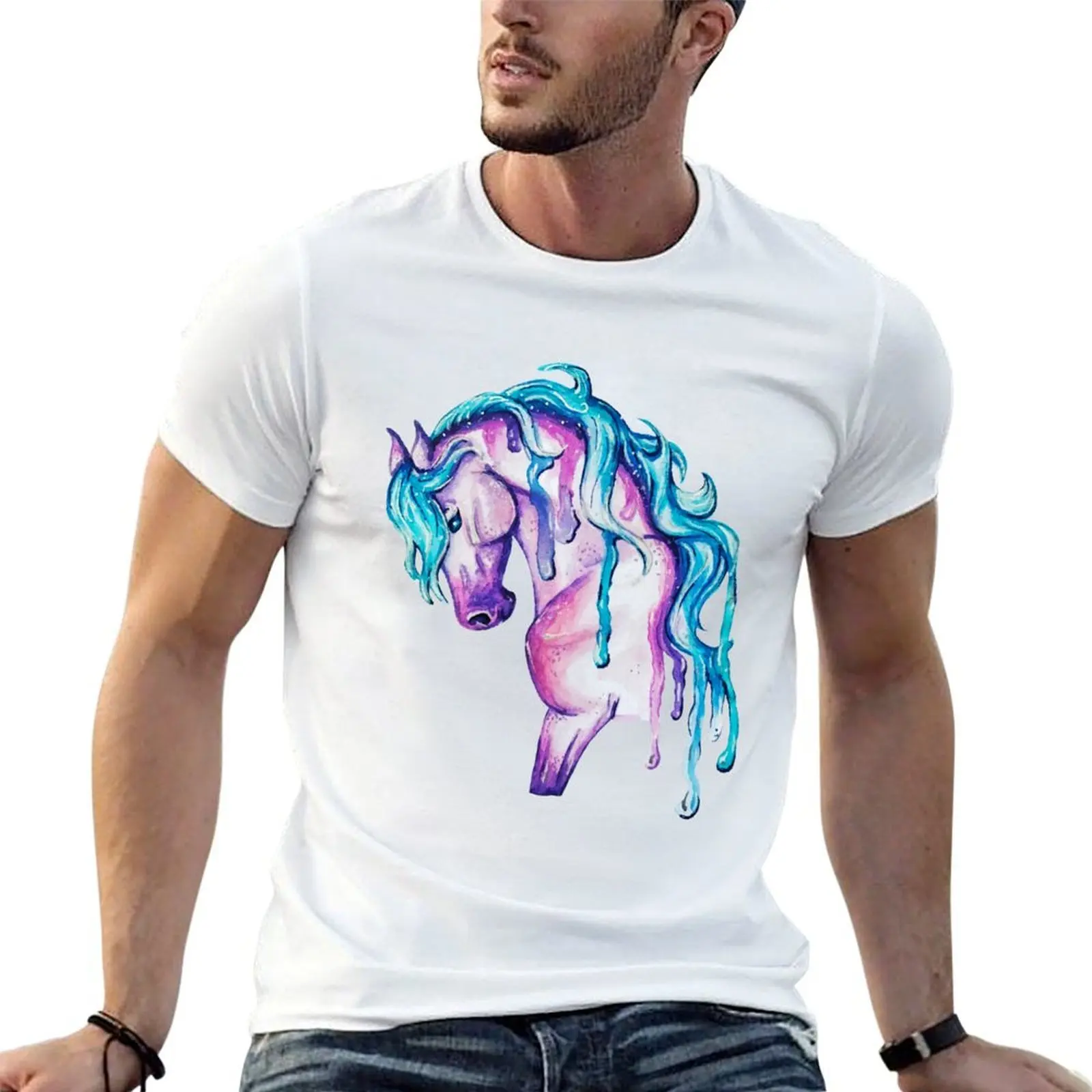 

Watercolor Pink and Blue Horse T-Shirt black cotton t-shirt plain for man package graphic t shirts for man T-Shirt