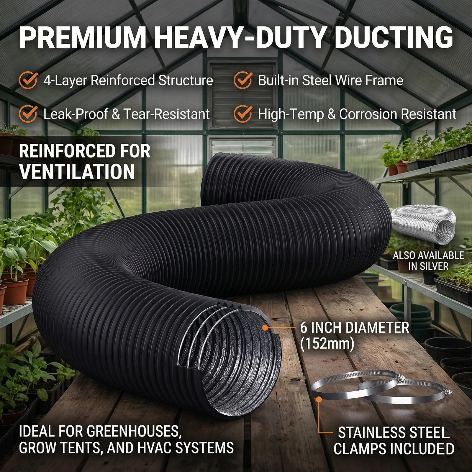 

4/6 inch hydroponic ventilation equipment: white heavy-duty flexible duct, home HVAC systems, and plant climate regulation