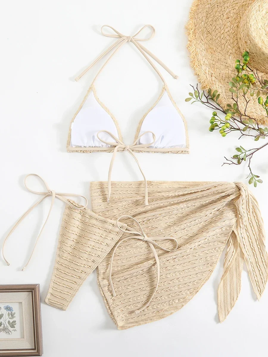 Sexy 3 Pieces Bikini Women Swimsuit 2025 Summer Halter Triangle Swimwear Bottom Bikinis Sets Beach Cover Up Female Bathing Suits