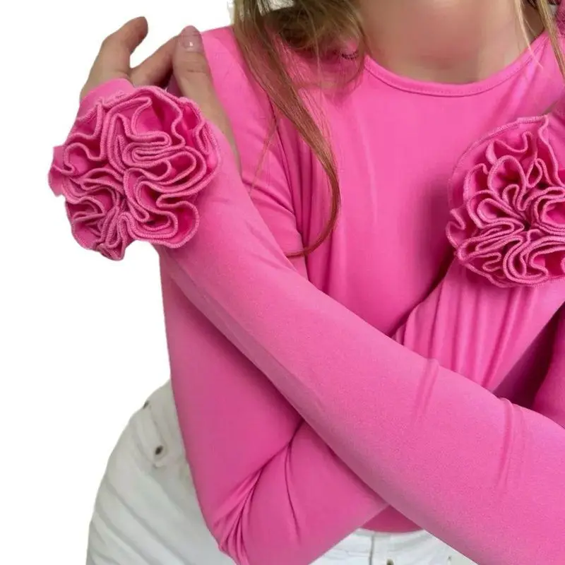 Camiseta larga ajustada con diseño Floral 3D para mujer, camiseta transfronteriza para otoño e invierno, nueva longitud redonda Ne ort