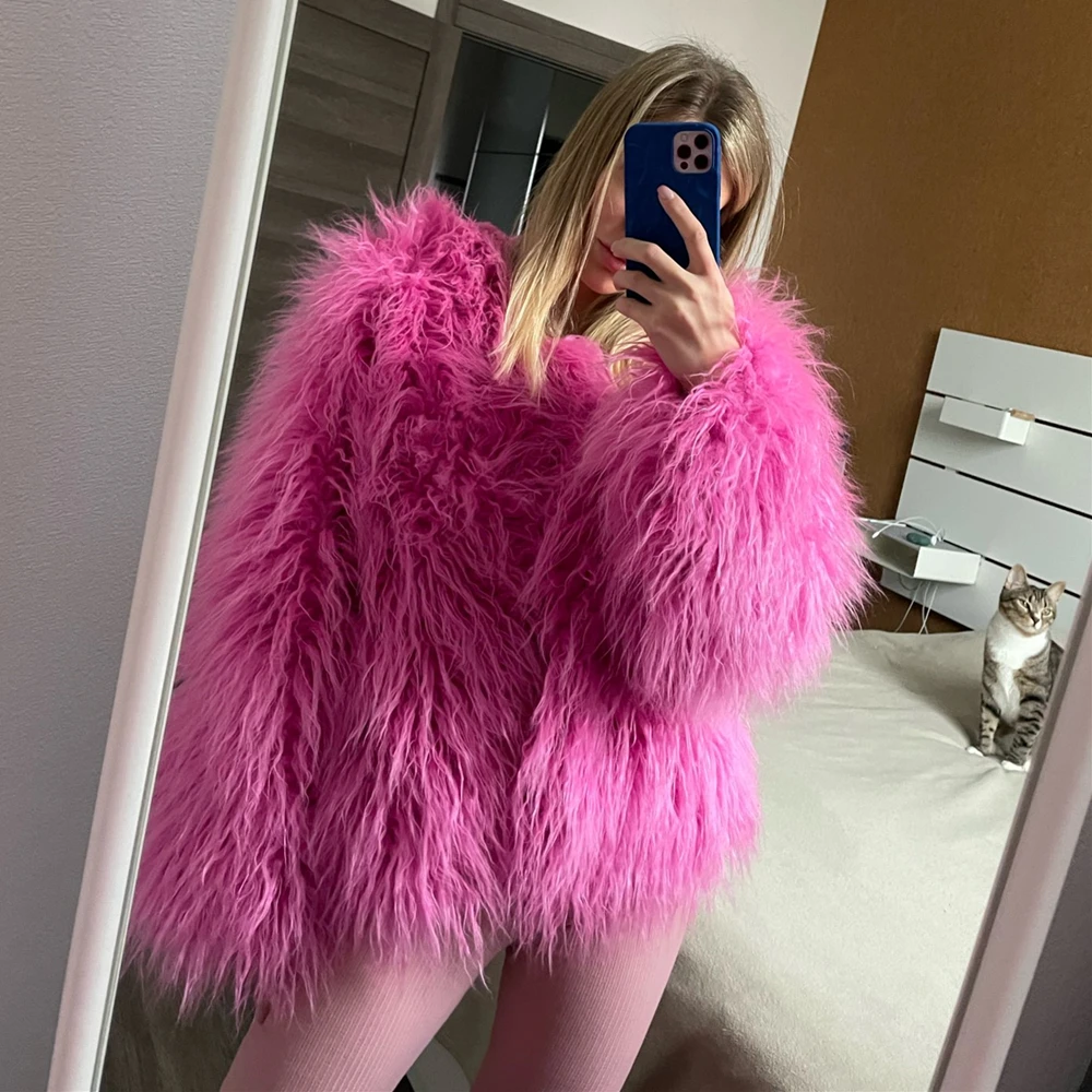 Abrigos de piel sintética para mujer, chaqueta gruesa y cálida de color rosa, elegante, a la moda, otoño e invierno, 2022