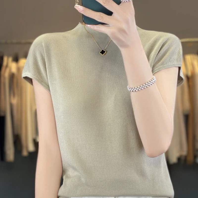 Women Summer Pure Silk T-shirt Sweater Half-high Collar Sleeveless Knit Pullover Spicy Girl Outfit Tees Slim Bottoming Wear Tops