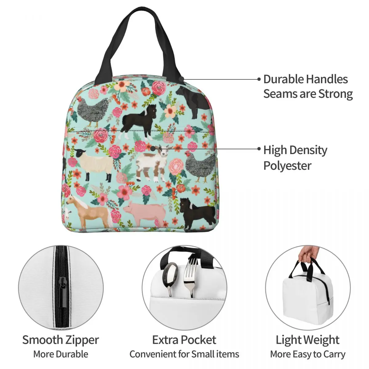 Lunch Bag for Men Women Farm Animals Florals Insulated Cooler Portable Picnic Work Animal Oxford Lunch Box Handbags