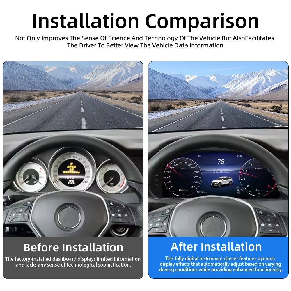 Digital Instrument Cluster for Mercedes-Benz C-Class W204 2011–2014 NTG 4.5 Speedometer 12.3”HD Screen Plug and Play