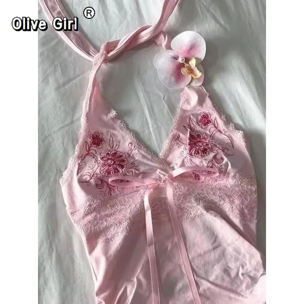 

Olive Girl Tanks Camis Women Clothing Tops Tees American Vintage Lace Halter Embroidery Sling Sexy Spice Girls Pure Slim