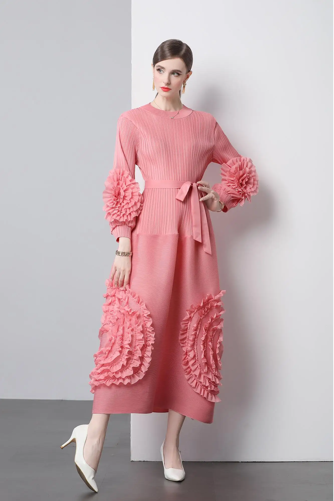 ZUO MAN RU-Jupe longue pliée pour femme, décoration florale 3D, à lacets, taille amincissante, robe longueur genou, automne, nouveau, 2024