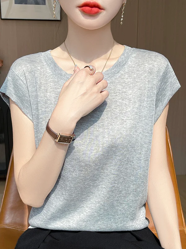 

Ice Silk Knitted Little Flying Hero T-Shirt Women's Spring Summer Thin round Neck Fashion Simple Match Base Slimming T-Shirt