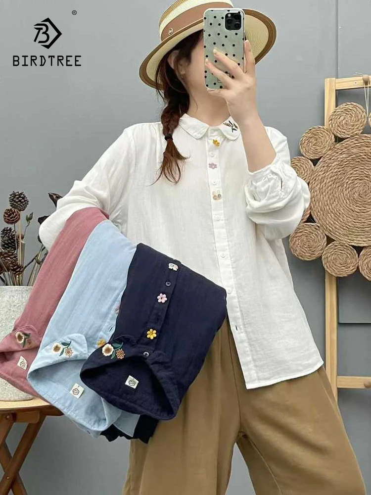 

New 2025 Autumn Cotton Yarn Long Sleeve Shirt, Women Turn-down Collar Embroidery, Mori Girl Fashion Chic Loose Blouse T59190CC