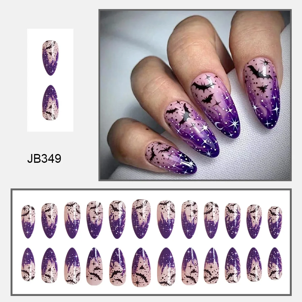 Halloween Stiletto Fake Nails for Women Girls Purple Bat Designs French Press on Nails Wearable Full CoverFalse Nails for Party