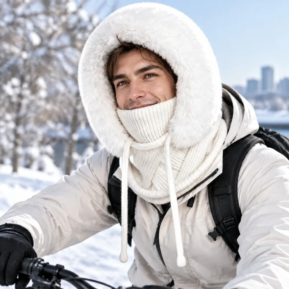 Fleece Lining Knitted Balaclava Hat Cable Knit Ear Protection Integrated Scarf Cap Full Coverage Drawstring Closure