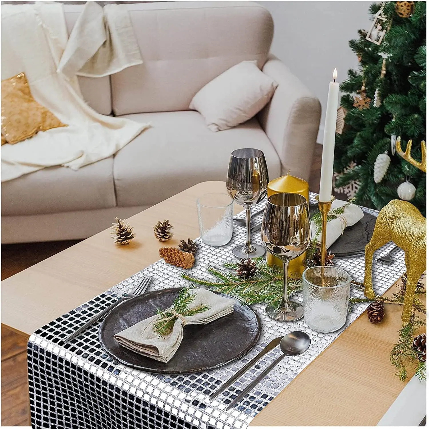 Wedding Decoration Plaid Sequin Table Runner And Tablecloth Wedding Holiday Party Decoration Silver Thick Line Cloth Table Runne