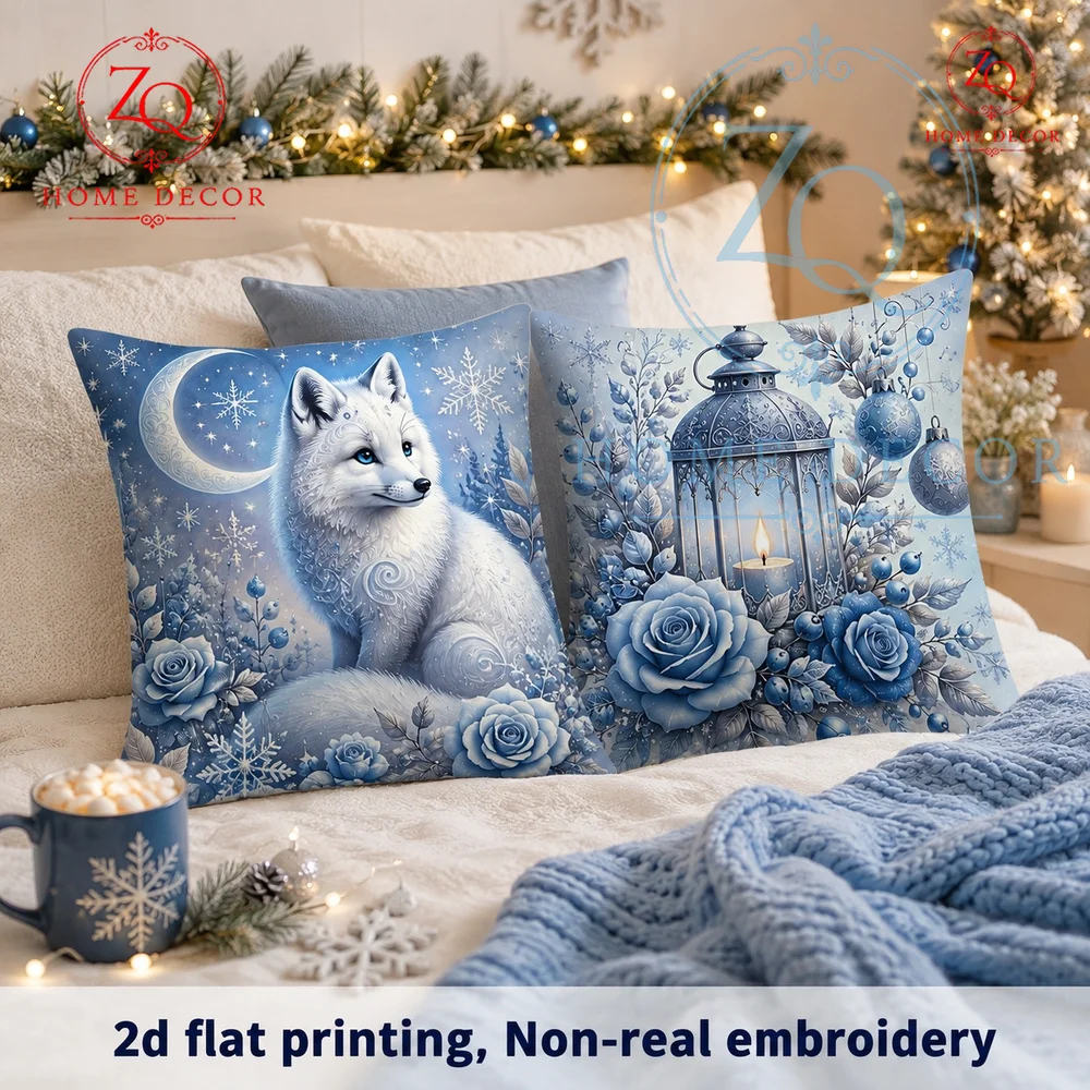 Winter Frost White Fox  Blue Rose Throw Pillow Cover Cozy Snowy Night Moonlit Cushion Case for Christmas Sofa Bedroom Decor