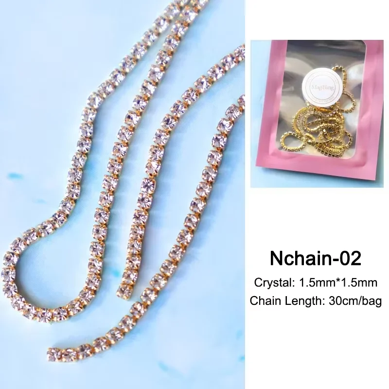 30cm Lange Luxus-Kristallketten-Nagelcharms 1,5/2mm Glänzende Klare/AB Diamant-Perlen Nagelkunst Metall-Stahl Französische Nagel-Maniküre-Teile – Detail 7