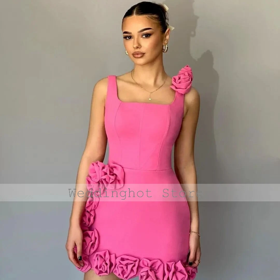 Hot Pink Party Dress Mini 3D Flowers Tank Square Collar Short Cocktail Gowns for Women Sheath Sleeveless Homecoming Dresses