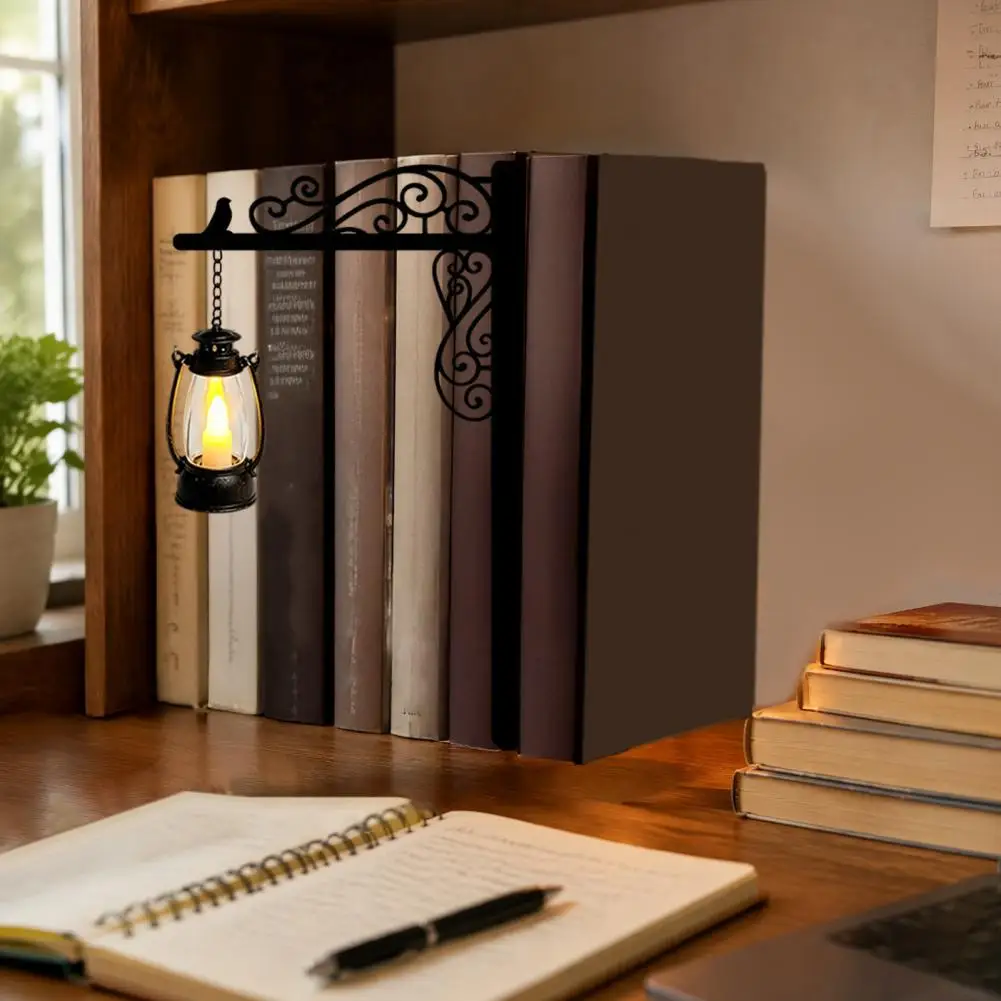 Night Light Book Organizer Metal Bookends with Warm Light Library Lantern Mini Bookshelf Lamp Vintage Hanging Light for Book