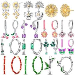 925 Sterling Silver Green Lucky Clover Yellow Daisy Bamboo Earrings for Women Bee Butterfly Ear Studs Elegant Party Jewelry
