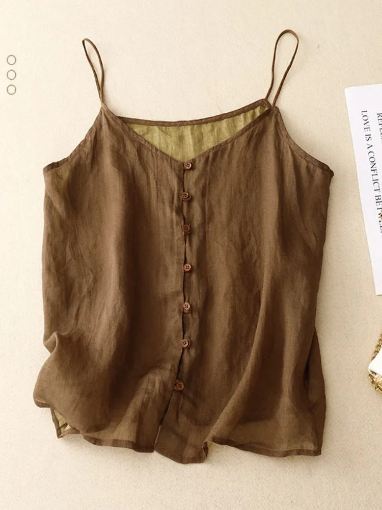 Retro Flax Button Detail Women's Camisole Vest Inner Wear Outerwear Summer Linen Top Loose Fit  Color Commute Style