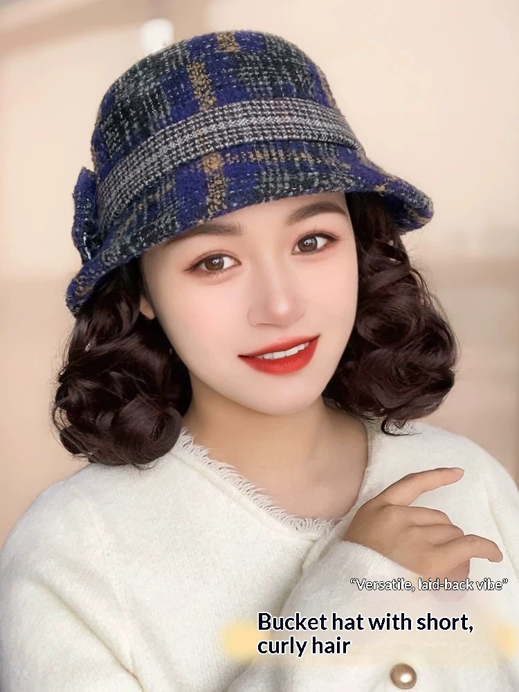 12inch Hat Wig Synthetic Short Curly Wavy Hair Wigs With Hat Fisherman's Cap Wig Hair Extension Black Brown Wig Cap