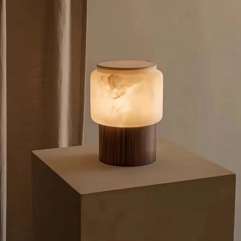 Modern Alabaster Table Lamp Solid Wood Base Marble Texture Desk Lamp Warm Light Bedside Night Lamp For Bedroom Living Room Home