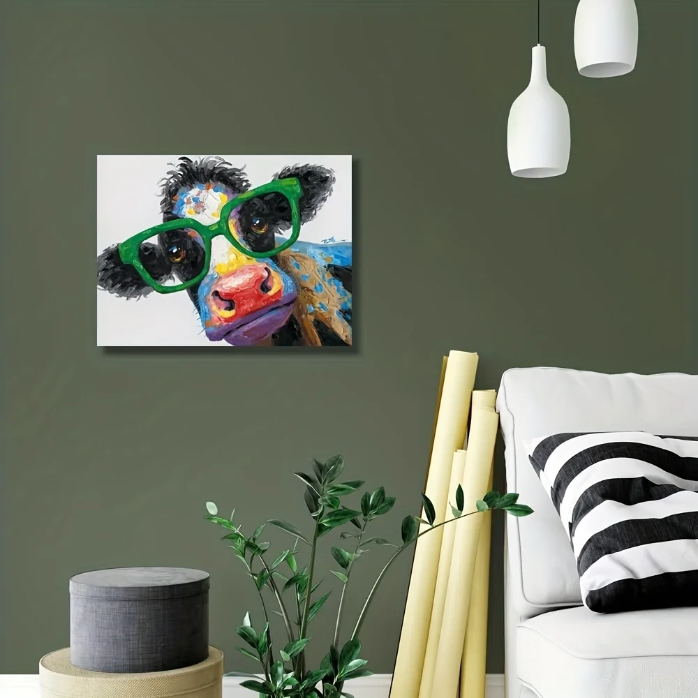 1pc frameless 1pc Colorful Graffiti Cow with Large Green Glasses Canvas Painting Wall Art Poster Farm Animal Kids Room Home Deco - view 2