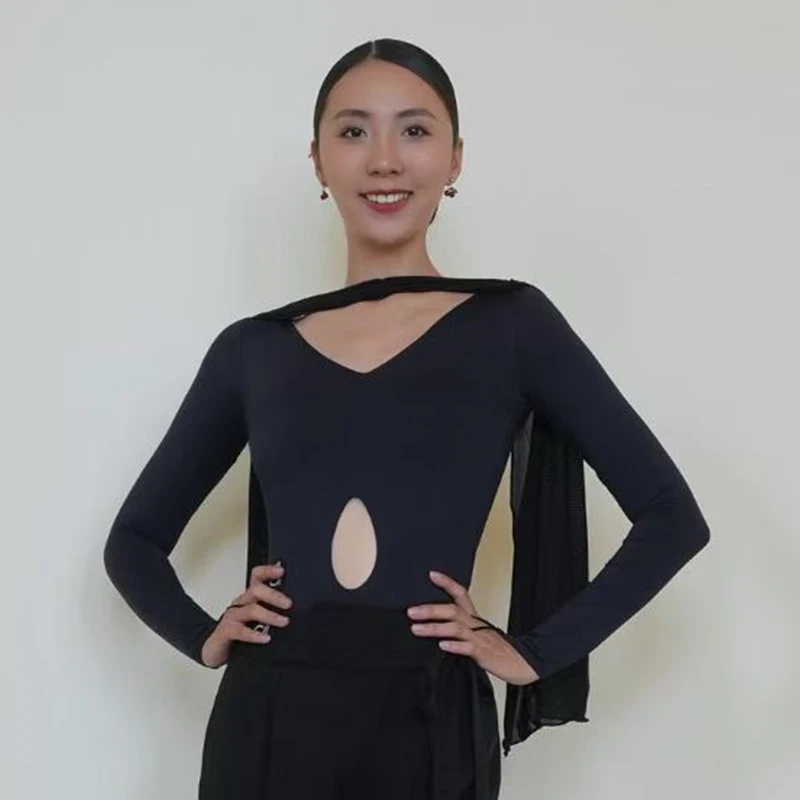 긴 소매 볼룸 댄스 탑 여성 라틴 댄스 연습 의류 레오파드 블랙 브이넥 백리스 바디수트 댄스웨어 BL18287