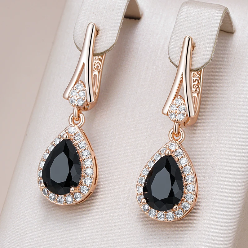 Kinel Hot Sparkling Black Natural Zircon Long Drop Earrings Women 585 Rose Gold Color Vintage Wedding Party Fine Daily Jewelry