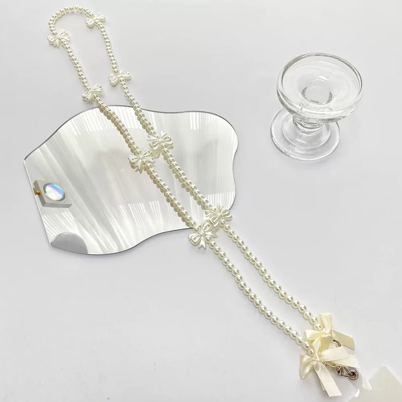 Universal New Bead Long Hanging Rope Mobile Phone Case Strap Pearl Bow Ribbon Diagonal Chain With Card Anti-lost Long Rope