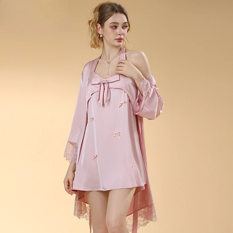 Cute Twinset Robe Set Elegant Sleepwear Women Satin Kimono Bathrobe Suit Sexy Lace Hollow Out Nightgown Casual Homewear M-XL
