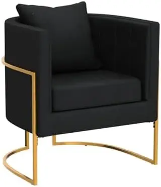 Velvet Accent Chairs Set of 2, Upholstered Barrel Armchair with Pillow, Black Gold Legs