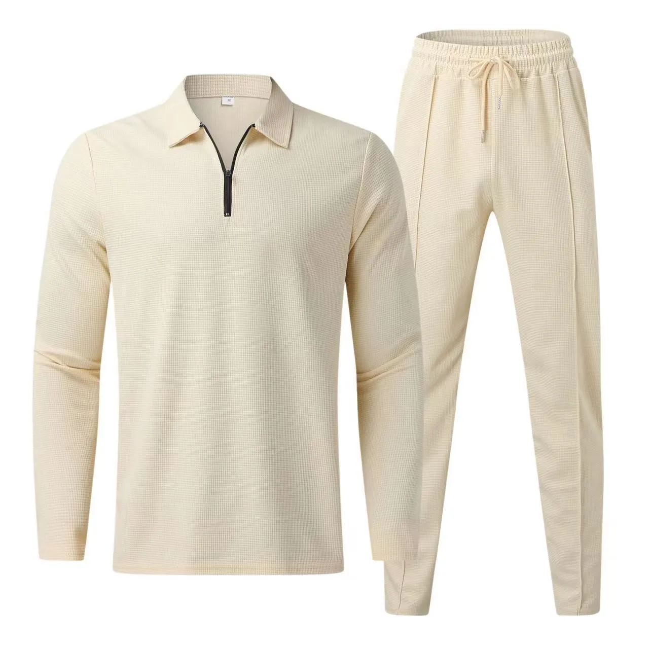 

Spring and autumn men's suit - a pure color, simple design, waffle long-sleeved polo shirt and long pants two-piece set