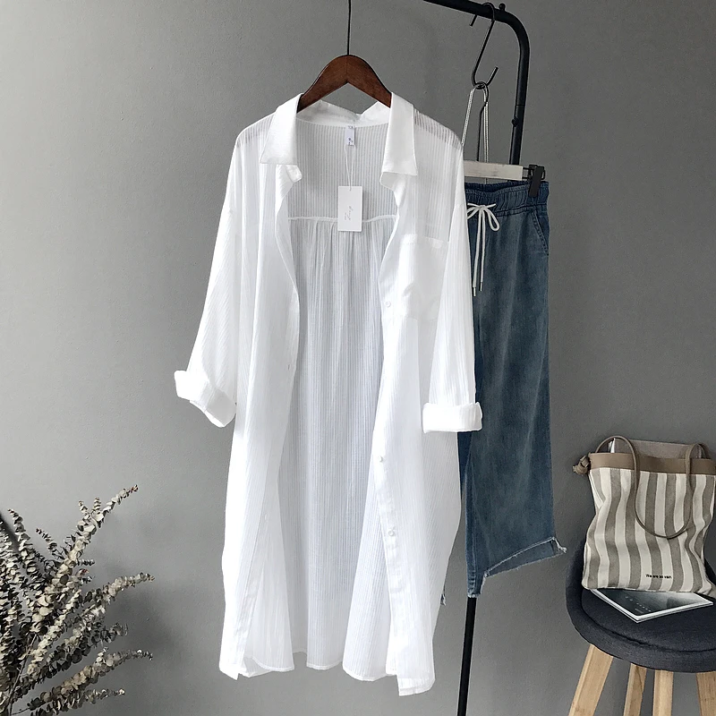 Long White Shirts For Women 2024 Summer New Loose Long-Sleeved Casual All Match Female Outwear Coat Tops