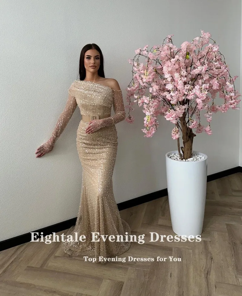 Eightale Luxury Evening Dresses Sequined One Shoulder Champagne Customized Belt Mermaid Prom Gown Wedding Party Dress image 2