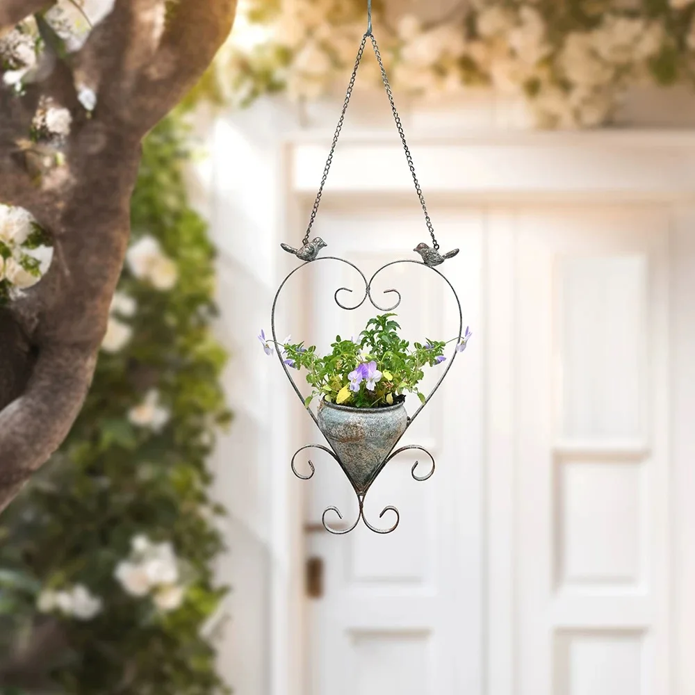 Hanging Heart Planter with Birds, Metal Wall Hanging Basket with Chain, Rustic Garden Decor, 76.5cm Height