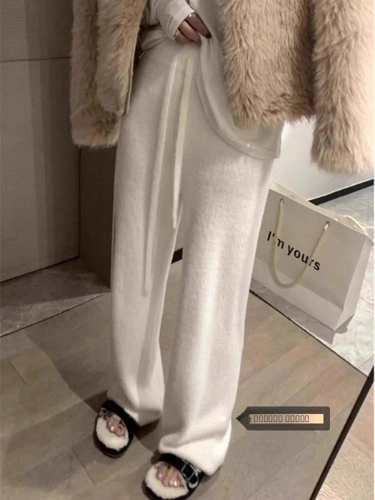 

Белые мягкие вязаные широкие брюки женские зимние маленькие размеры с высокой талией драпированные прямые свободные повседневные брюки длиной до пола