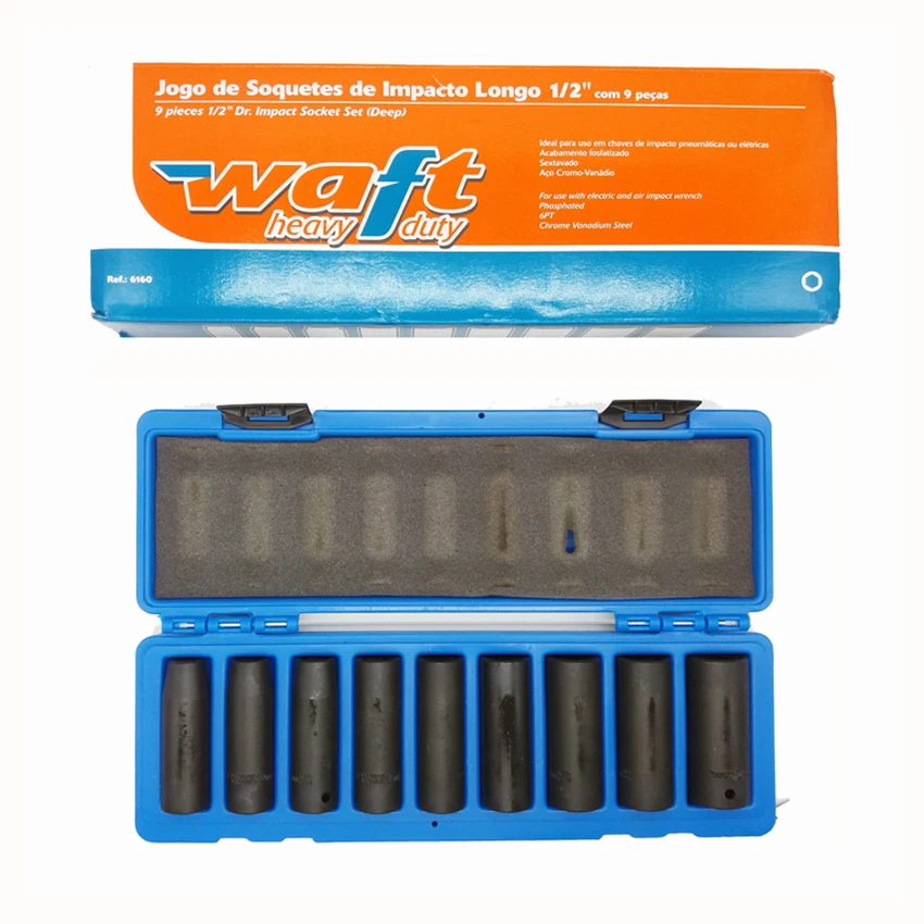 Long Impact Hestered Socket Set 1/2 P/Pneumatic Wrench C/9 Pieces 10 to 22 mm Chrome Vanadium Steel