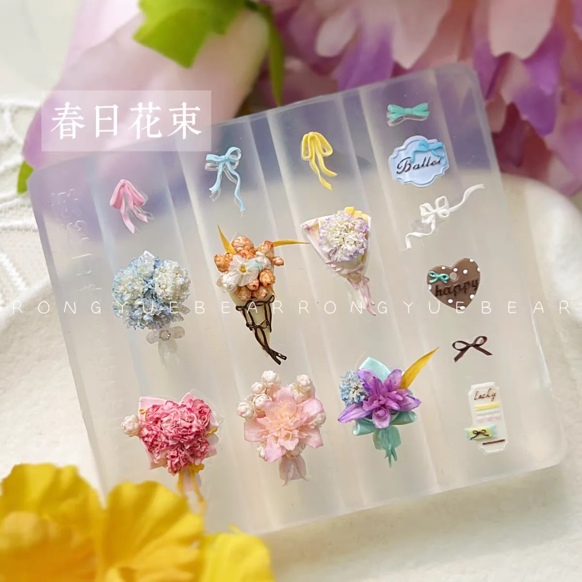 Spring Bouquet Vase Nail Art Silicone Mold 3D Nail Art Stamping Carved Silicone Mold DIY Template Stencils Reusable Tools Flower