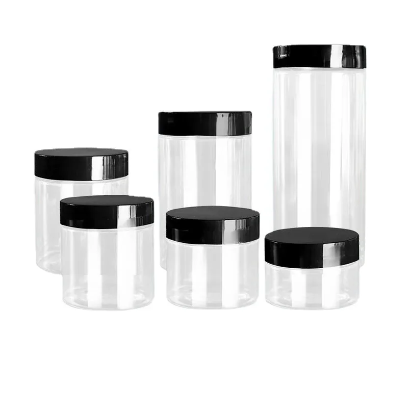 

150~1000ML Black Cap Transparent Lid Cover Clear Empty Packaing PET Plastic Jar Pot Container Bottle