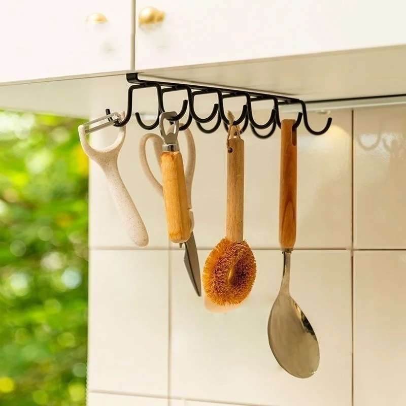 1PC Hole-free Kitchen Hook Rack, Iron Double-row Hook Hanging Rod, Kitchen Utensil Rack, Spoon and Shovel Rack, Wall Hanging