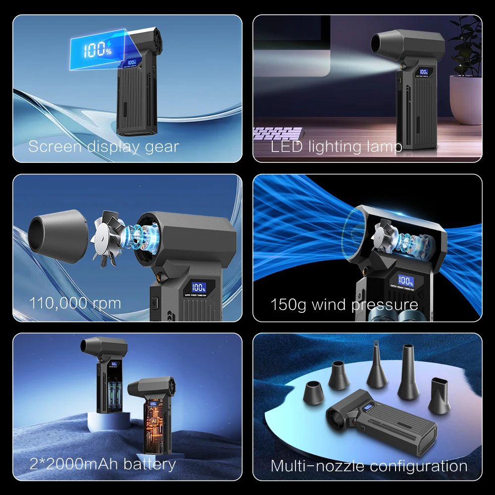 منفاخ توربو كهربائي 110KRPM، تدفق هواء 4 سرعات + ضوء LED، تصميم شحن سريع USB، أداة تنظيف شق الكمبيوتر/السيارة