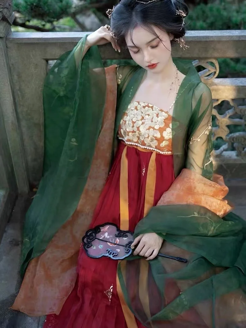 Vintage Gold Thread Embroidery Hanfu Dress Traditional Women's Red Green Contrast Color Hezi Skirt Carnival Event Cosplay Suits view 2