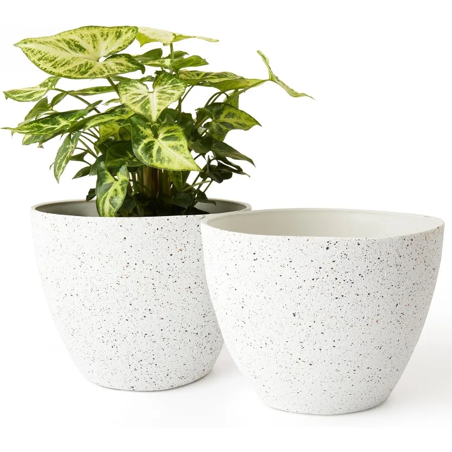 

LA JOLIE MUSE Flower Pots Outdoor Garden Planters Indoor Plant Pots with Drainage Holes Plastic Speckled White Set 2 7.5 + 7.5