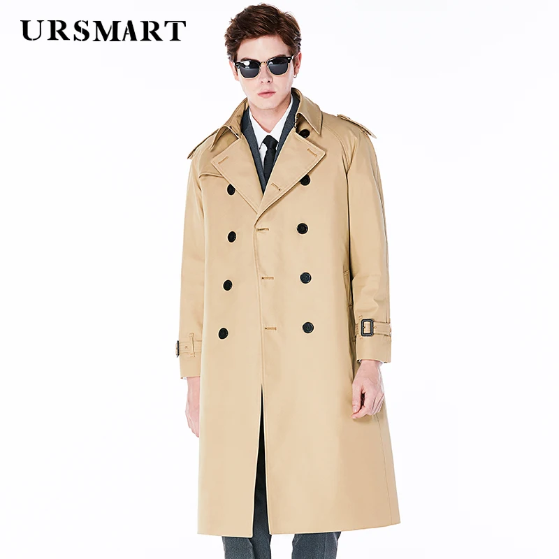 

Extra long knee length trench coat men's double breasted black cotton polyester British fashion custom windbreaker jacket men