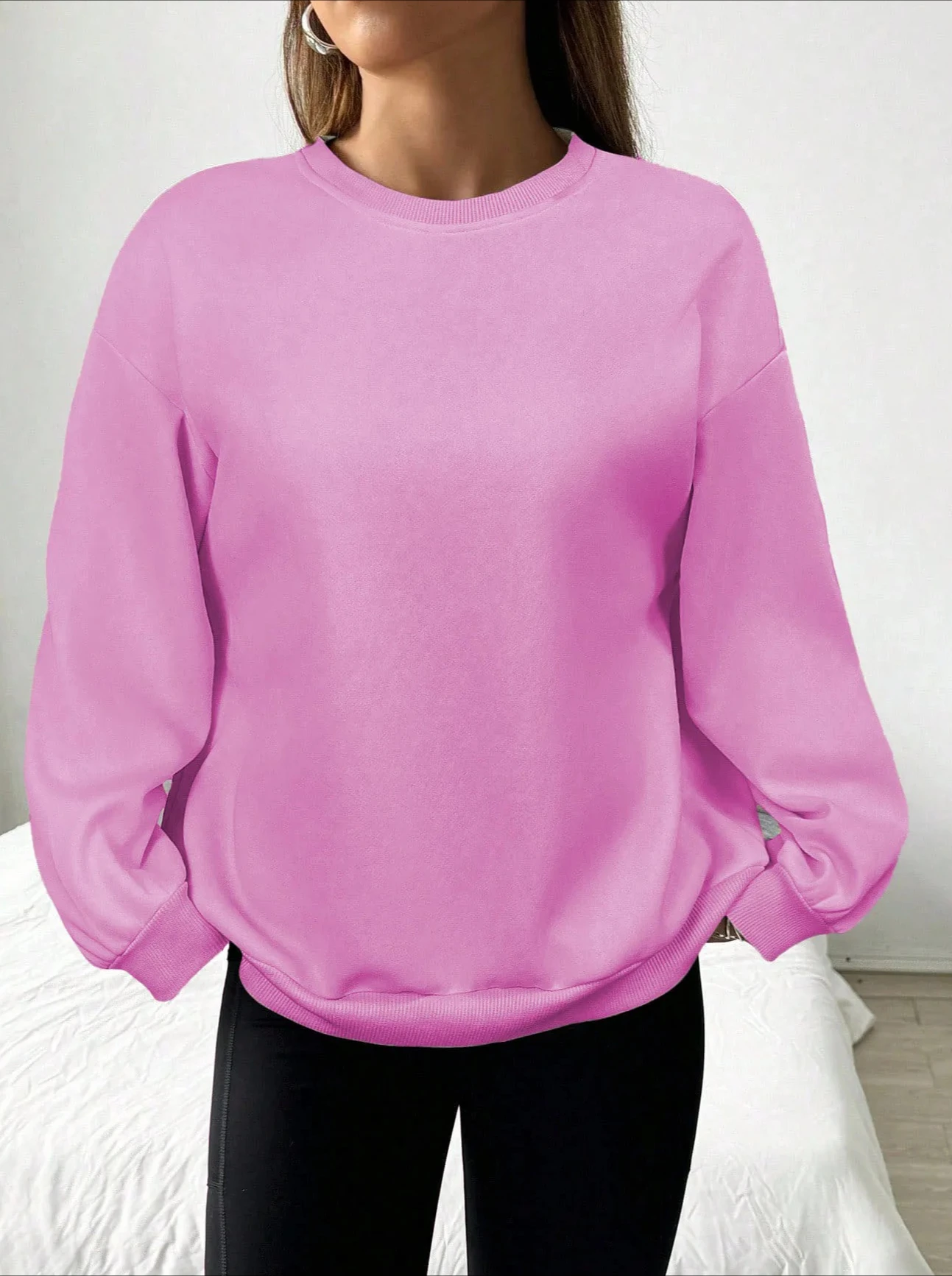 Dames lente/herfst casual eenvoudig effen kleur los sweatshirt met lange mouwen versie O-hals basic top streetwear