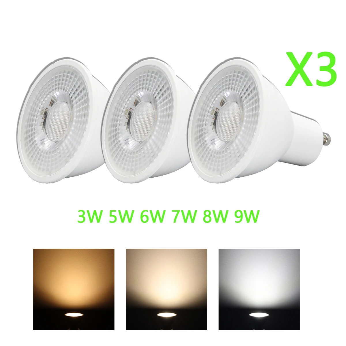 3PACK GU10 Spotlight No Flicker 3W 5W 6W 7W 8W 9W Power LED Bulb AC220V 120V Replace 50W Halogen Lamp for Home Lighting Directio