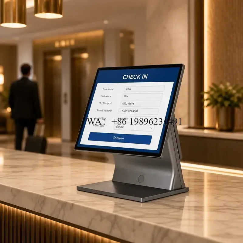 Hotel Self Check In Kiosk 15.6 Inch Rotatable Touchscreen POS Terminal Thermal Printer Barcode Scanner NFC Front Desk