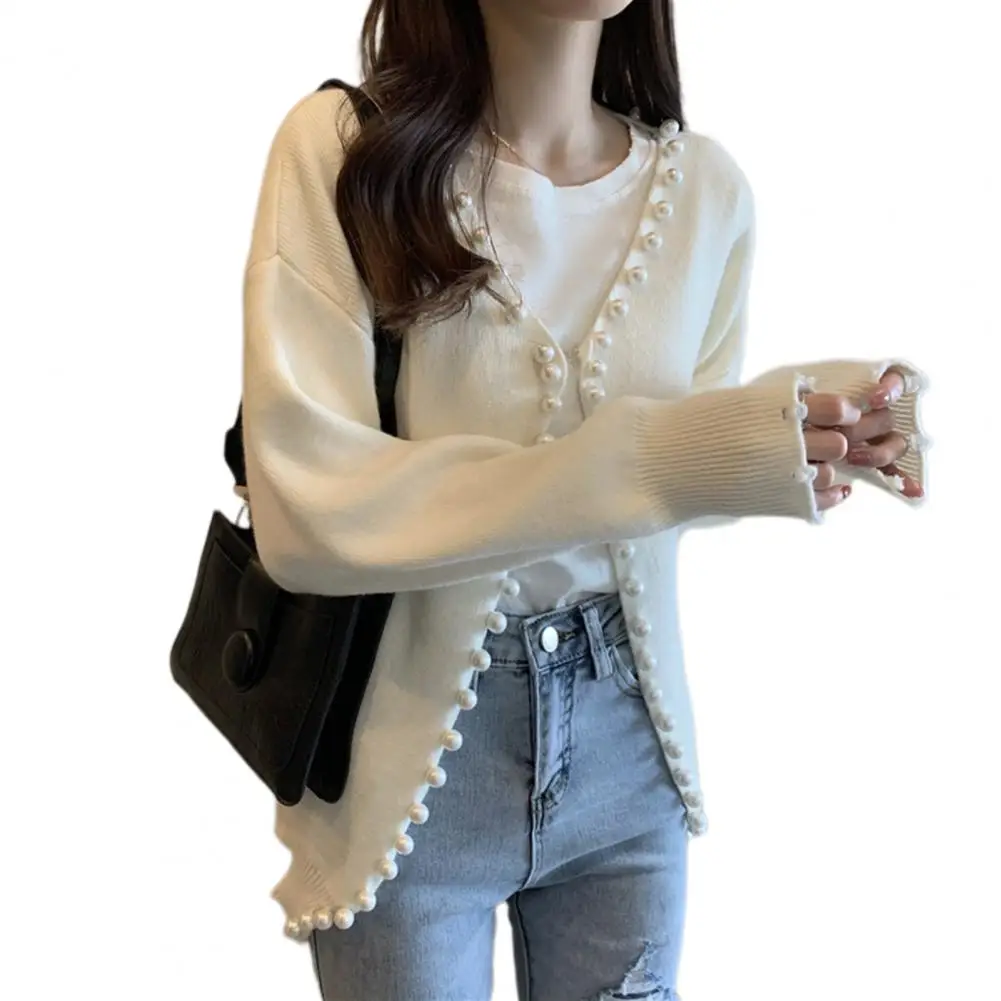 Women Knit Cardigan Elegant Faux Pearls Trim Knitted Cardigan Coat Stylish Open Front Sweater Outerwear Chic Crew Collar Long