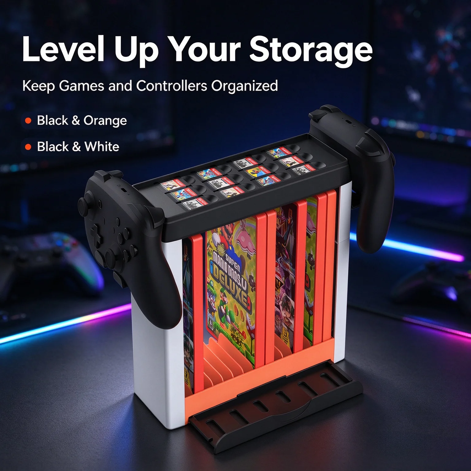 Compact Console Shelf for Switch 2 Switch OLED Space-Saving with 12-Game Bay Dual Hook Hang Grip Organizer Desktop Stand Black