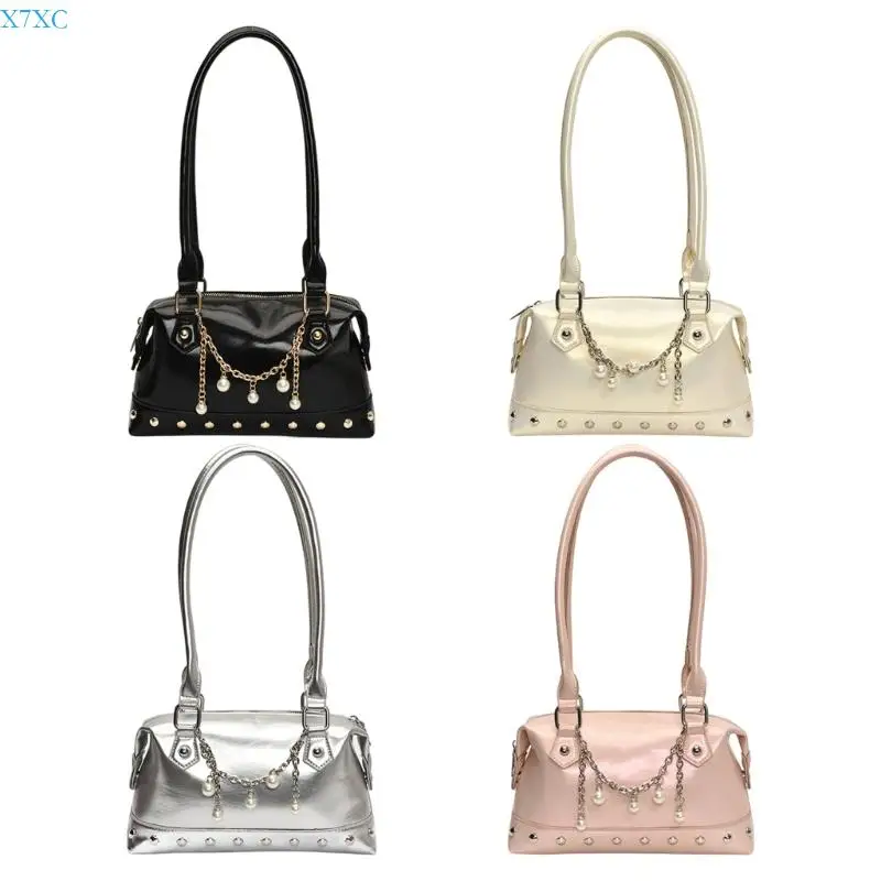

X7XC Fashionable Women’s PU Handbag Trendy Chain Detail Top Handle Bag Shoulder Bags