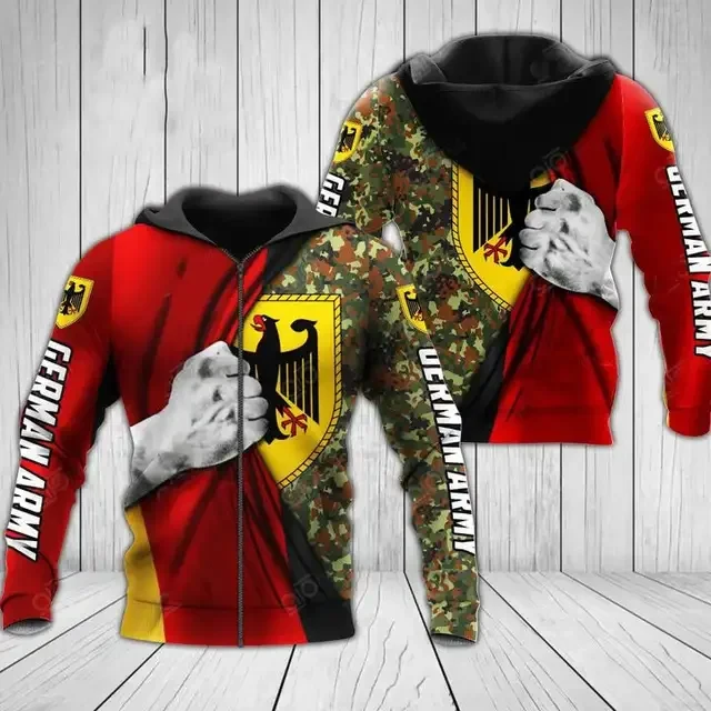 Sudadera con capucha con estampado 3D de camuflaje alemán para hombre, jersey con cremallera de moda urbana, suéter con bandera alemana, Sudadera